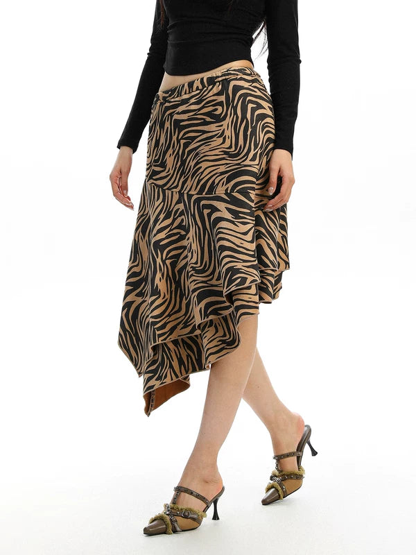 Asymmetrical Zebra Print Midi Skirt