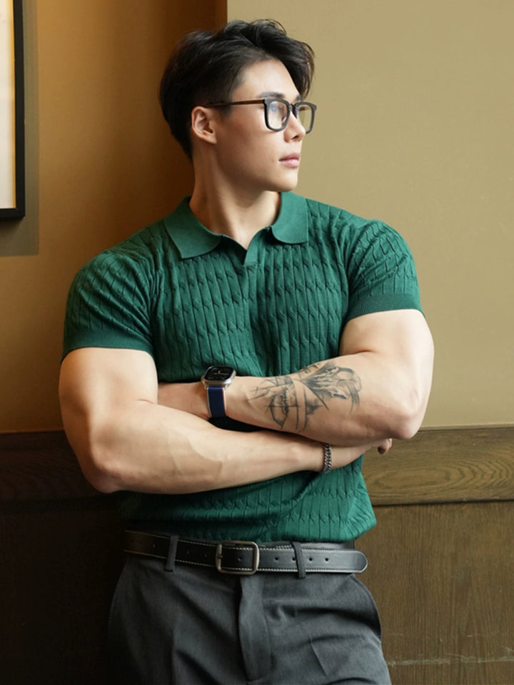 Slim Fit Stickad Polotröja Kort Ärmar 