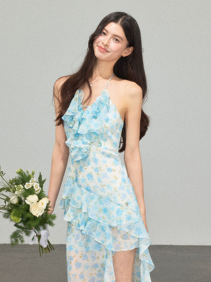 Robe de vacances asymétrique à fleurs froncées 