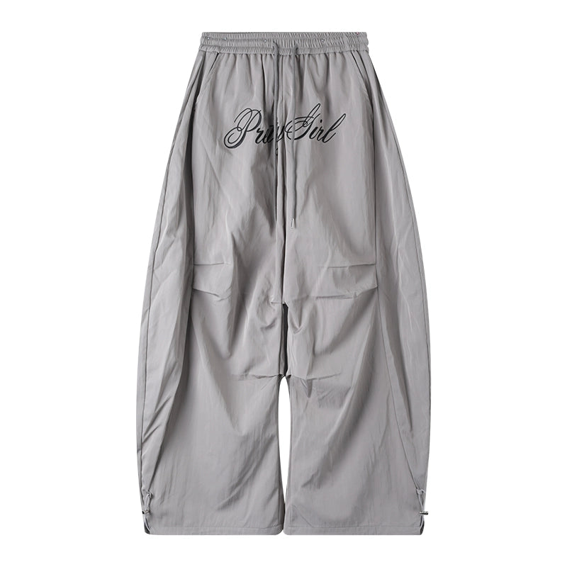 Letter Embroidery Pleated Wide Leg Pants