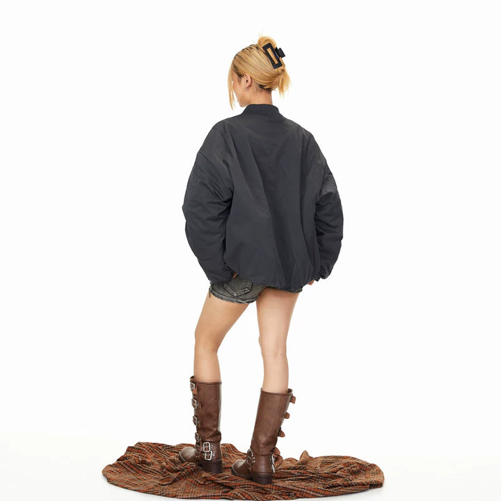 Pleated Zipper Baseball Collar Bomber Jacket