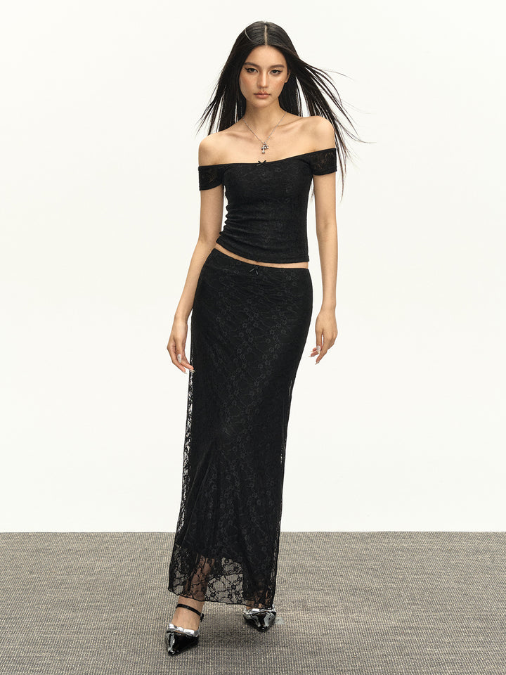 Retro Lace Off-Shoulder Top Skirt Set