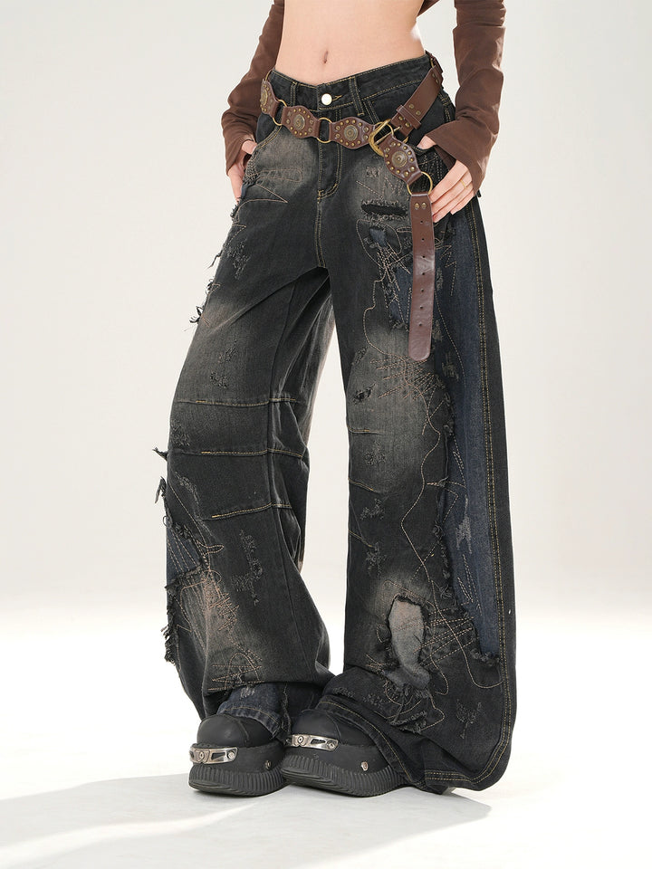 Calças de Jeans Patchwork de Perna Larga Rasgadas 