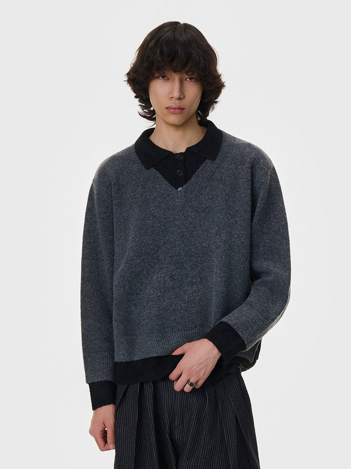 Layered Lapel Trim V-Neck Sweater