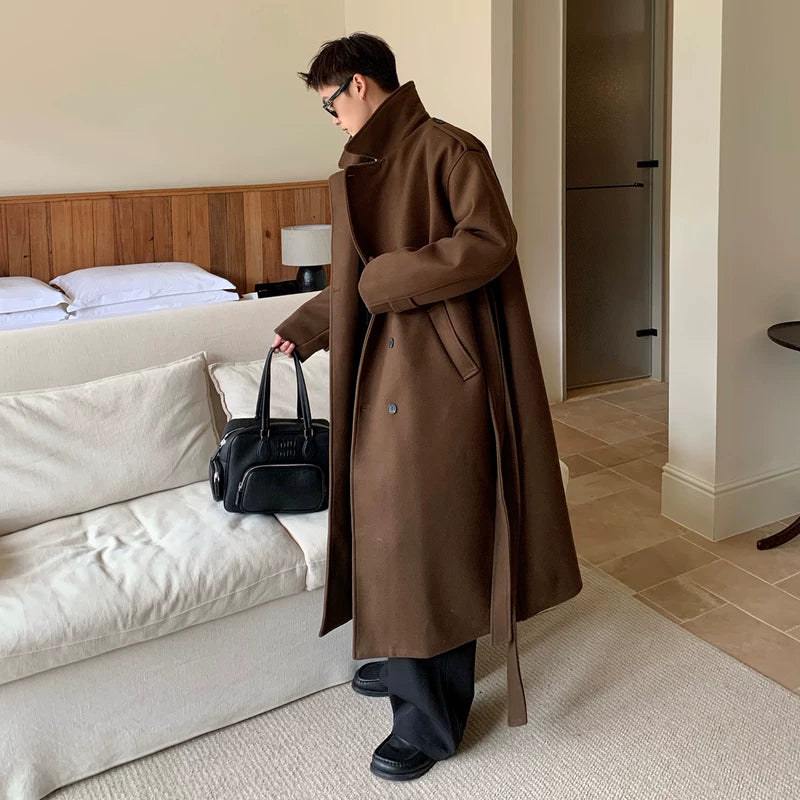 معطف ترينش طويل من الصوف يصل إلى ما فوق الركبة 