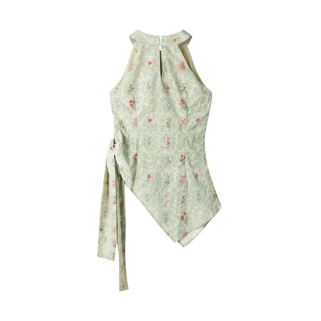Floral Halter Neck Waist Strap Tank Top
