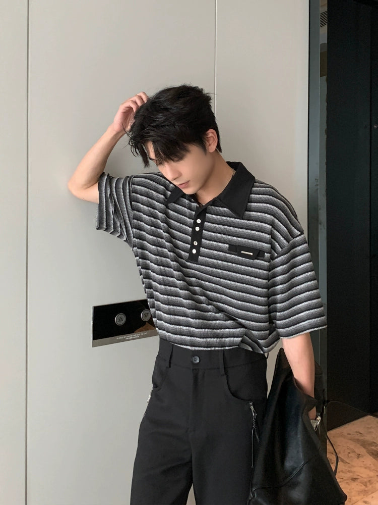 Loose Fit Short Sleeve Striped Polo Shirt