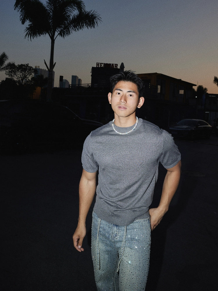 Camiseta de pullover de manga corta de punto retro 