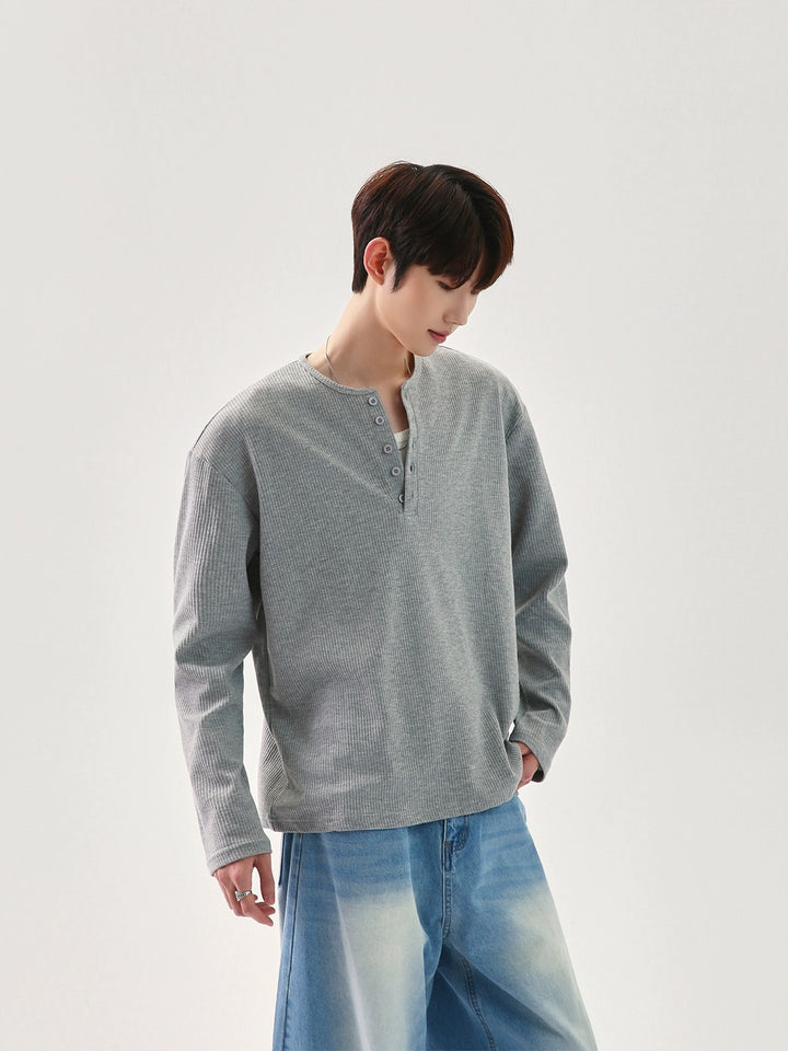 와플 니트 헨리 칼라 풀오버 