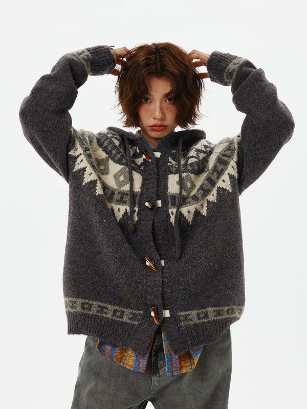 Suéter de Tricô com Capuz Fair Isle de Peso Pesado 