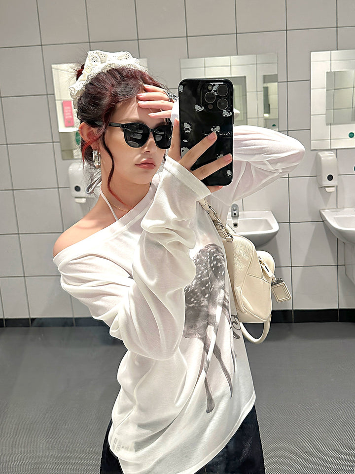 Off-Shoulder Sika Deer Print Blouse