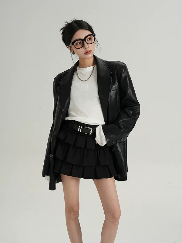 Orta Boy Sahte Deri Blazer Ceket 