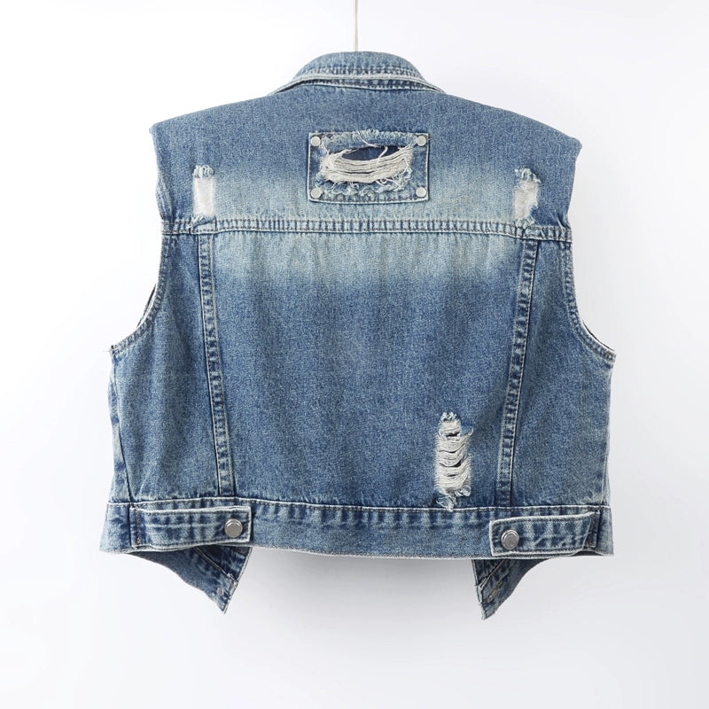 Retro Washed Ripped Denim Sleeveless Vest