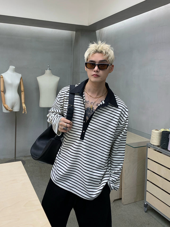 Striped Polo Collar Pullover