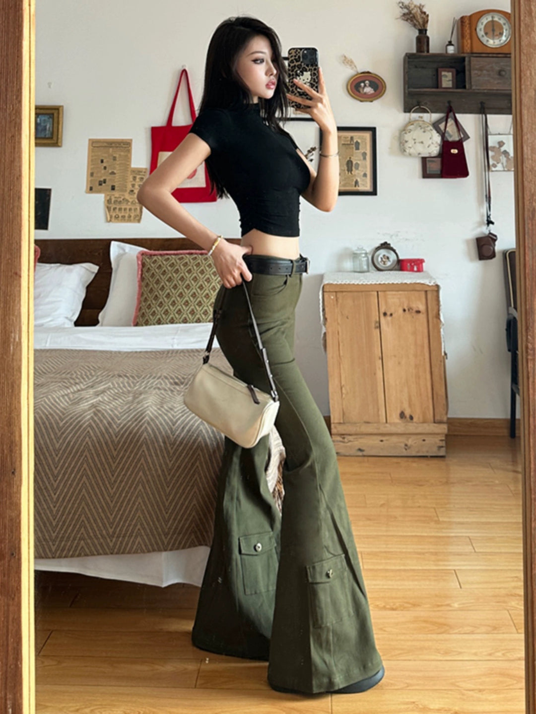 Pantalons cargo décontractés évasés taille haute 