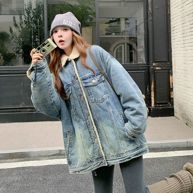 معطف شتوي جينز واسع مبطن بالفليس 