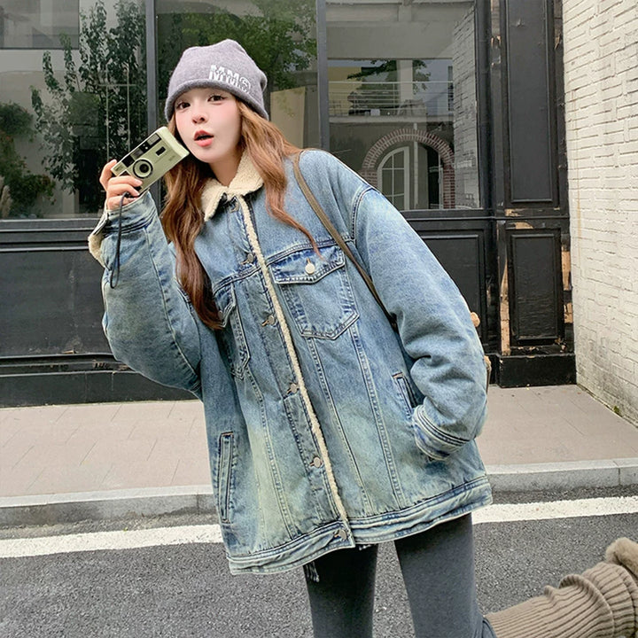 معطف شتوي جينز واسع مبطن بالفليس 