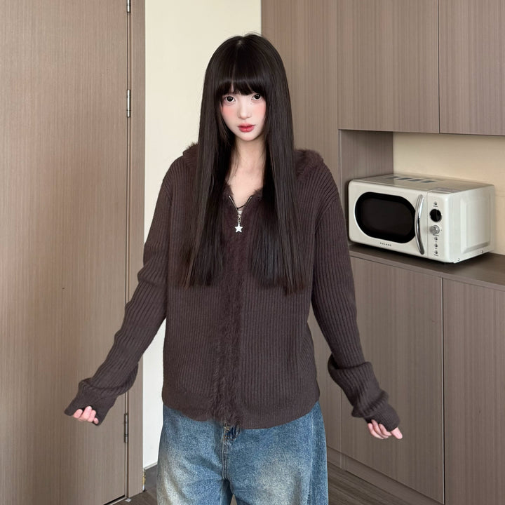 Bear Ear Hooded Knitted Cardigan