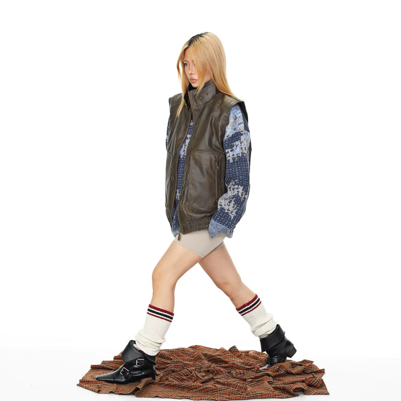 Studded Leather Stand Collar Vest