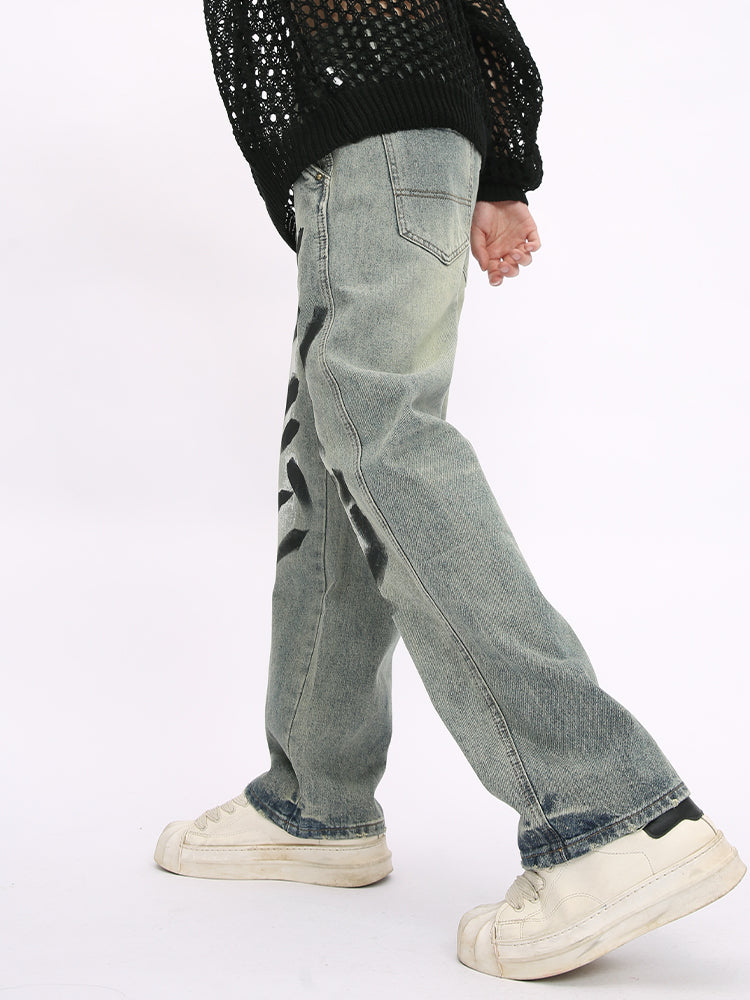 Graffiti Design Wide-Leg Distressed Jeans