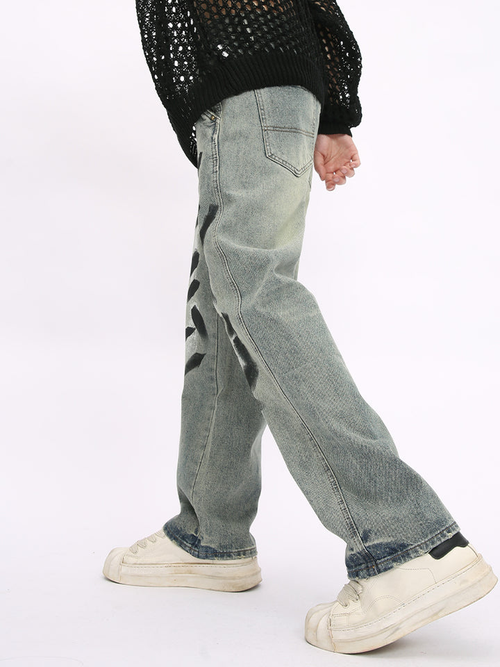 Graffiti Design Wide-Leg Distressed Jeans
