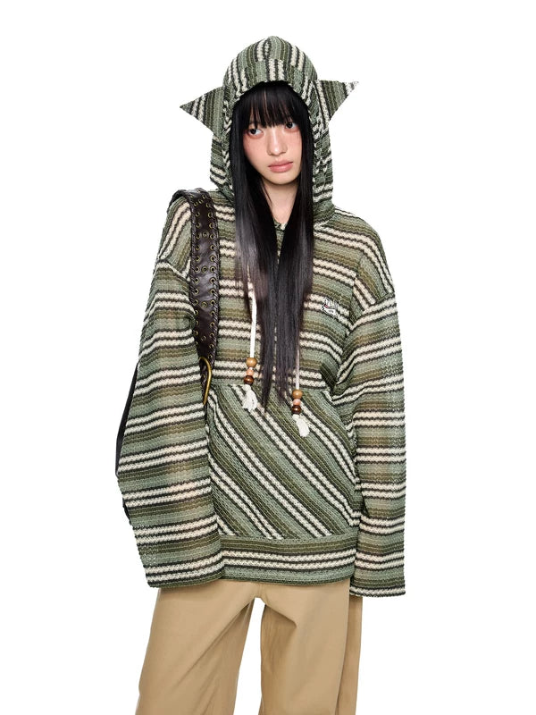 Felpa a maglia a righe con cappuccio e orecchie 