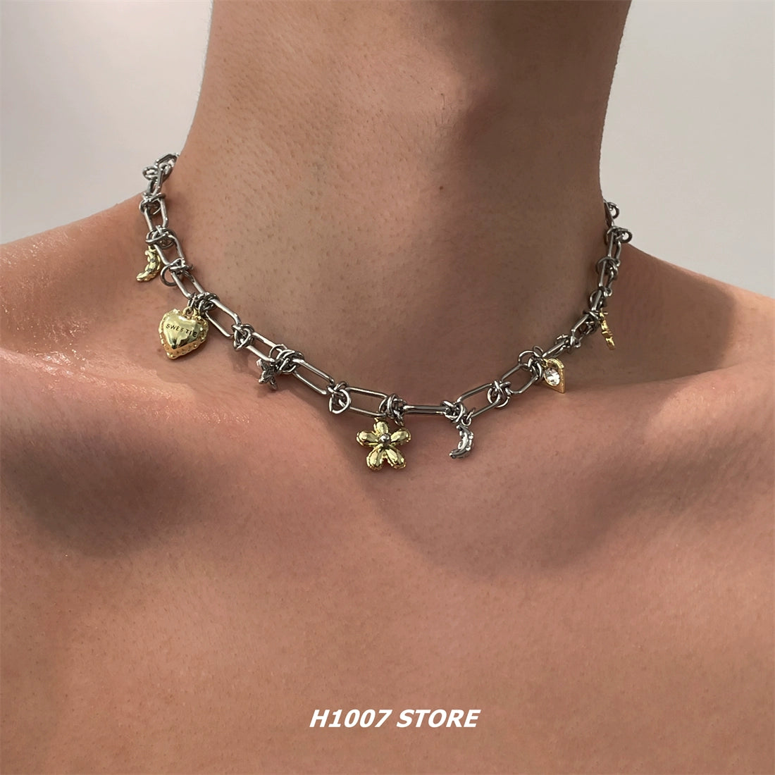 Flower Heart Charm Chain Clavicle Necklace