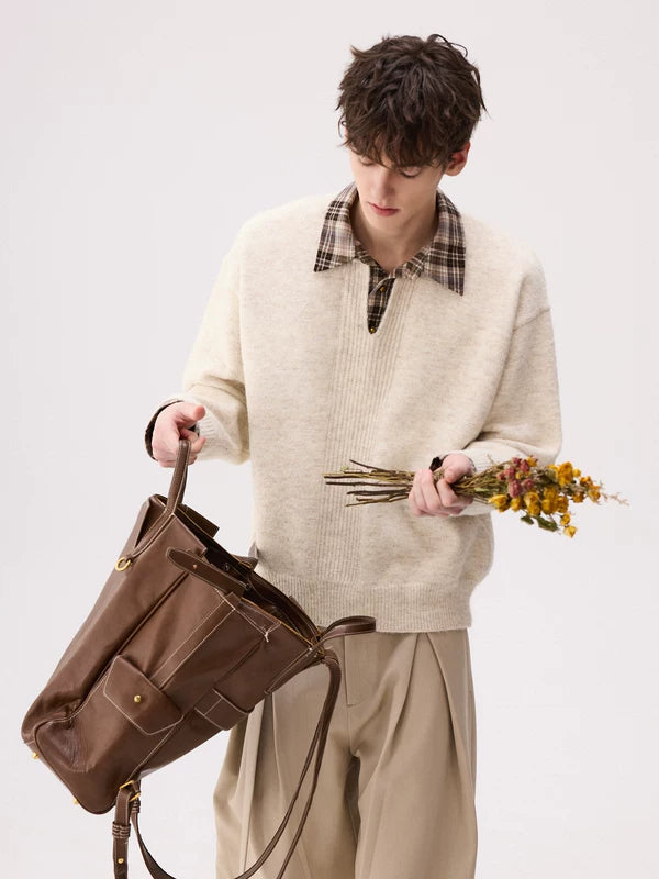 Pull en maille à col à carreaux faux superposé 