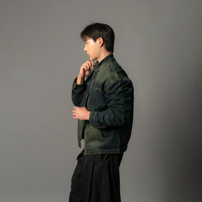 Retro Gewassen Denim Staande Kraag Jas 