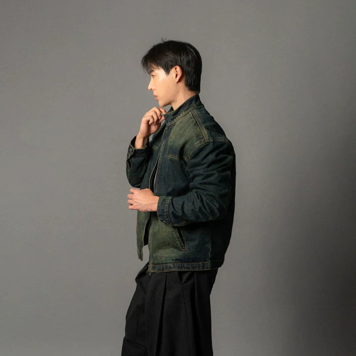 Retro Gewassen Denim Staande Kraag Jas 