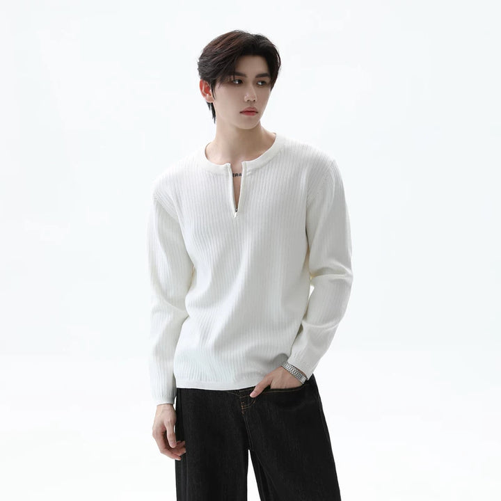 Half-Zip Ribbed Knit Stand Collar Sweater