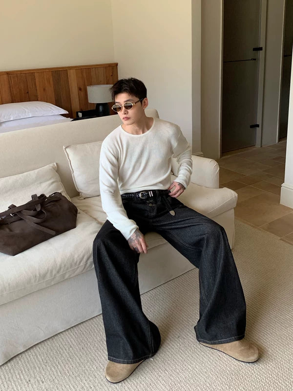 Pantalones de mezclilla de pierna ancha con cuatro botones 