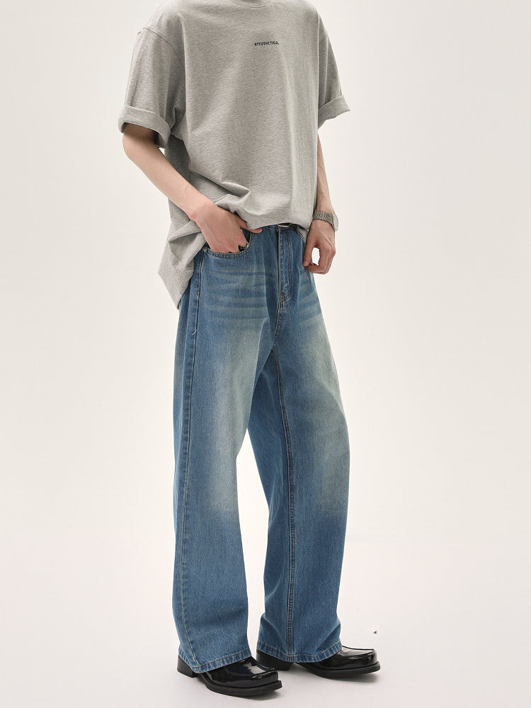 Wide-Leg Distressed Straight Jeans