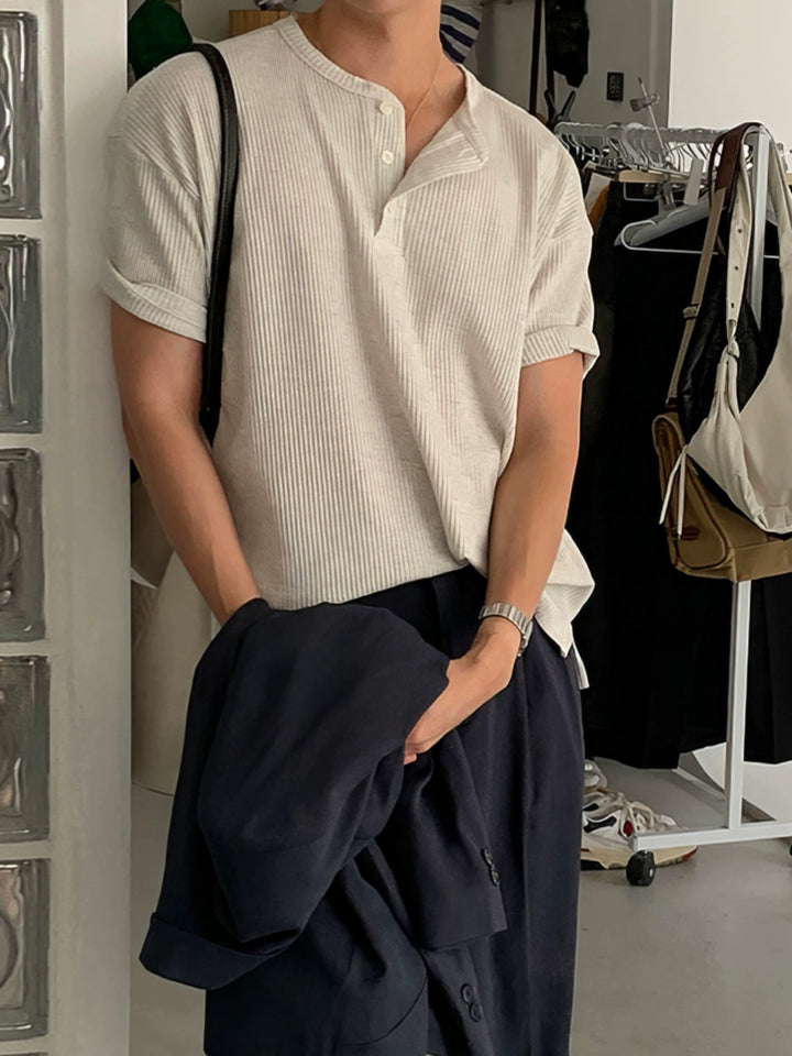 Pullover casual con colletto Henley a maniche corte 
