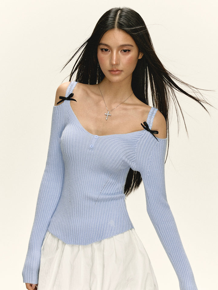 Retro Wool Ribbed Cold Shoulder Sweater
