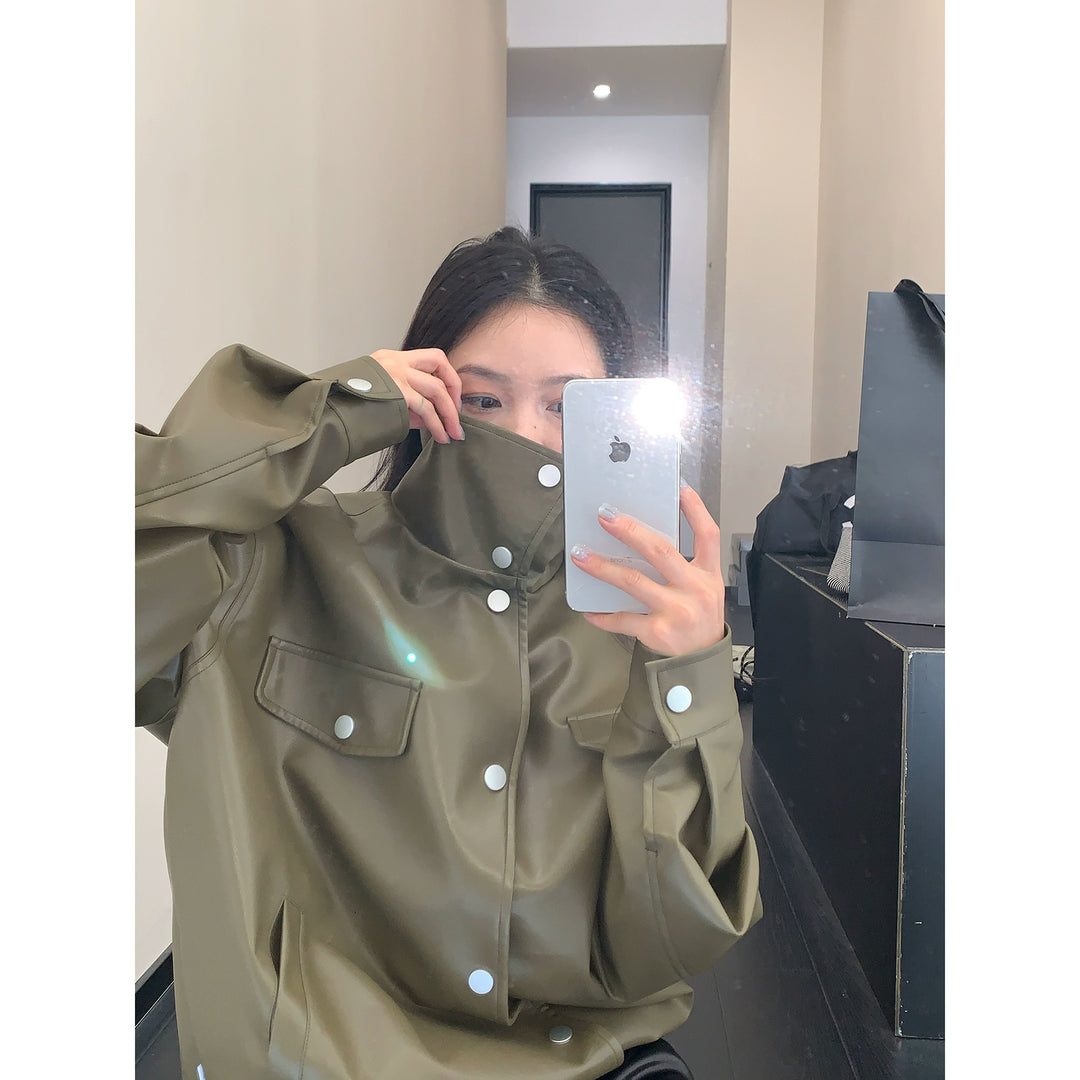 Loose Stand Collar Leather Jacket