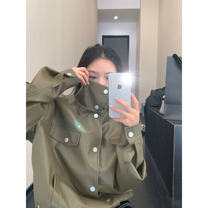 Loose Stand Collar Leather Jacket