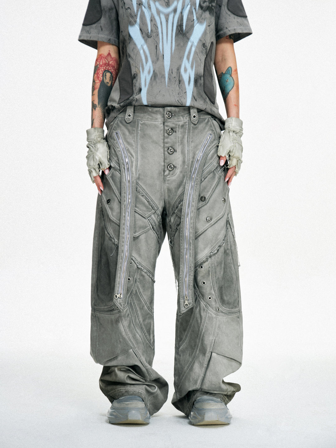 Pantalones de pierna ancha con cremallera dividida deconstruidos 