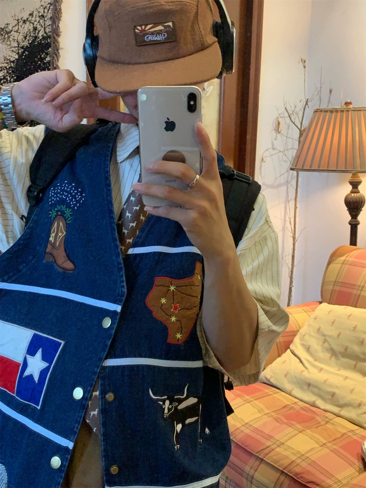 刺繍入りデニムウエスタンスリーブレスベスト 