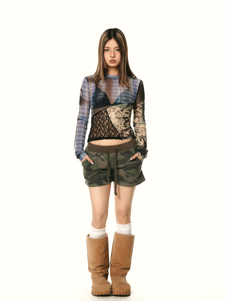 Retro Mesh Plaid Stitch Turtleneck Blouse