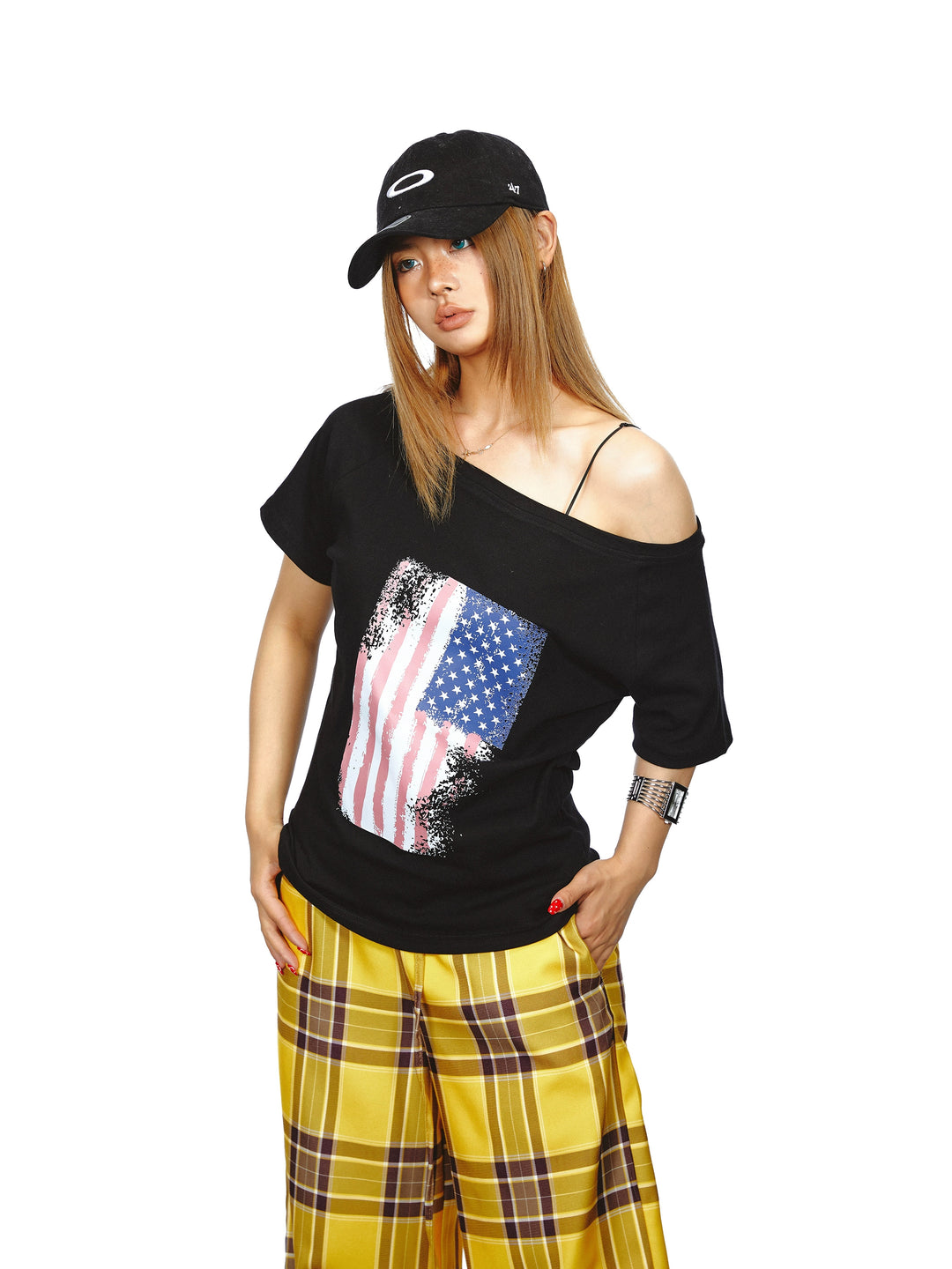 Flag Print Off Shoulder Short Sleeve Top