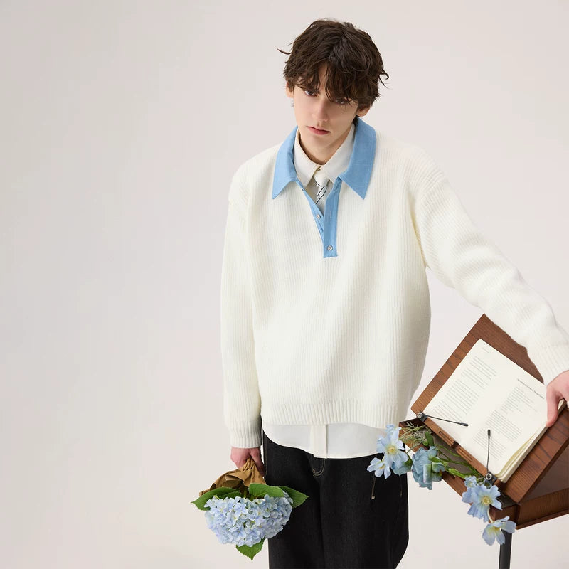 Denim Collar Patchwork Knit Sweater