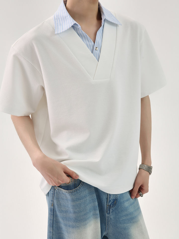 Loose V-Neck Patchwork Shirt