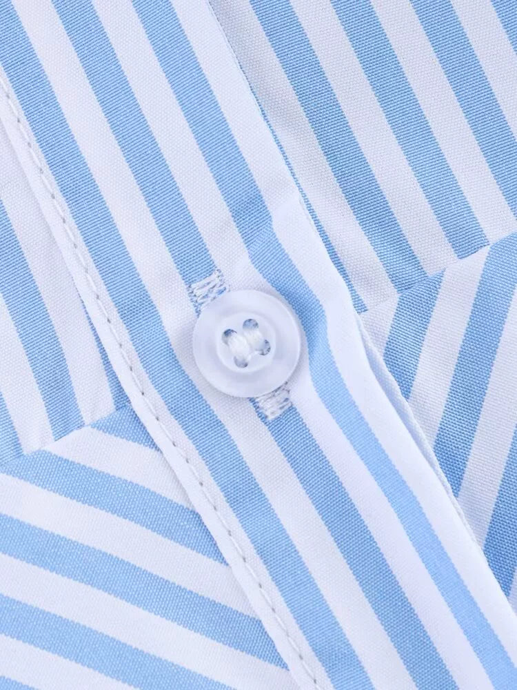 Vestido de verão listrado com babados e botão único 