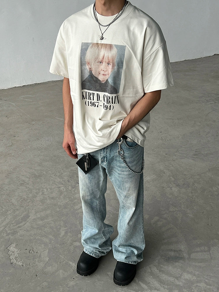 Camiseta de Manga Curta Solta com Estampa de Retrato 