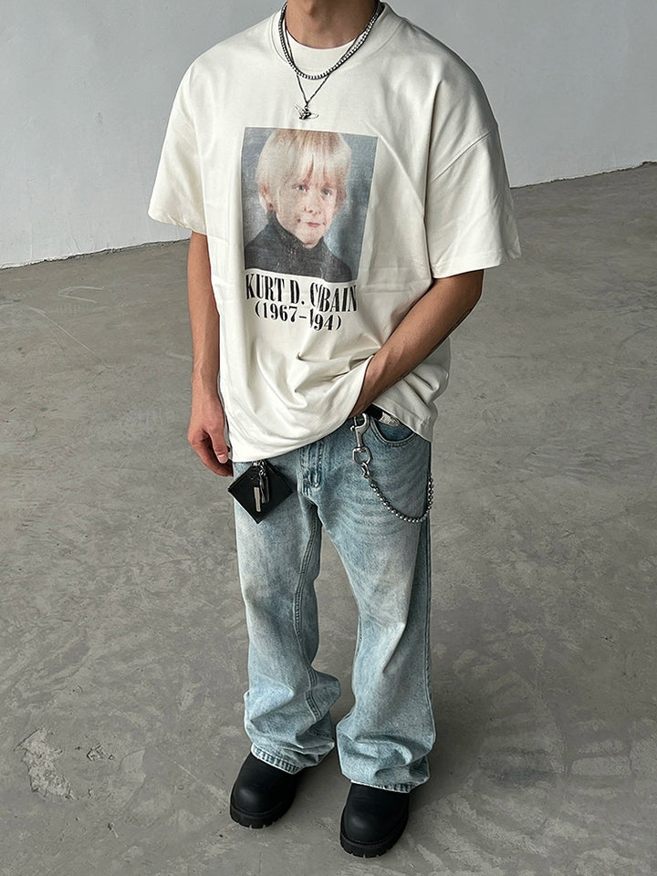 Camiseta de Manga Curta Solta com Estampa de Retrato 