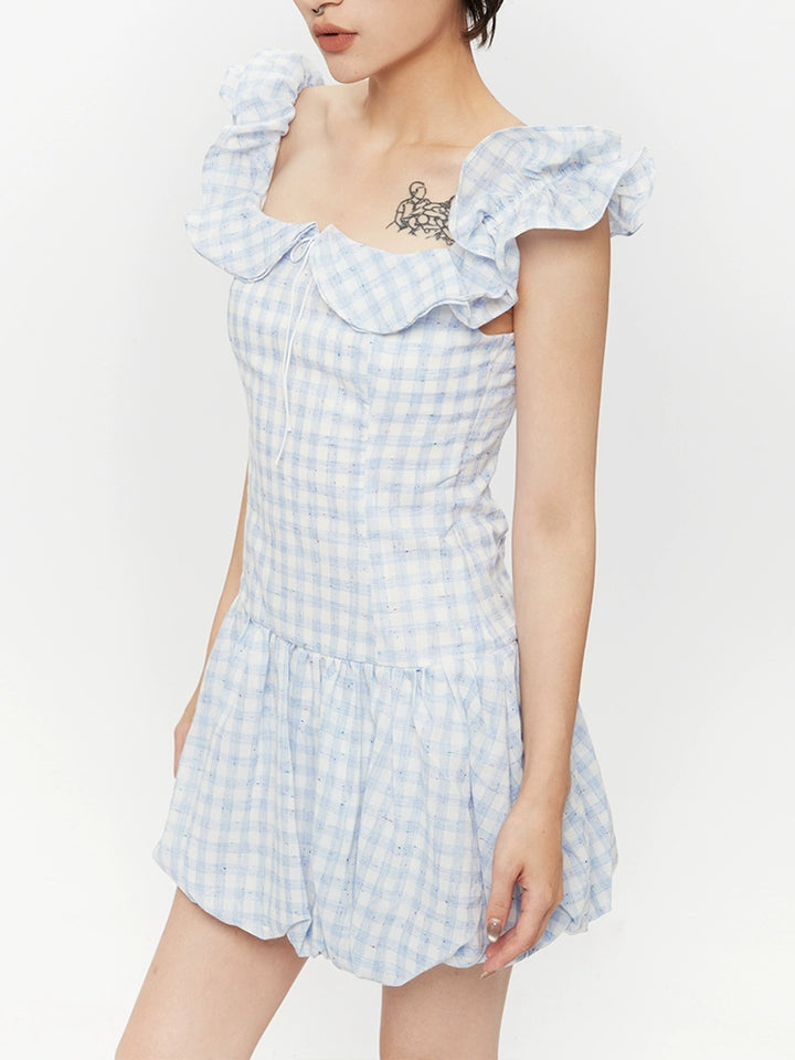 Rutet Off-Shoulder Ruffle Sommerkjole 