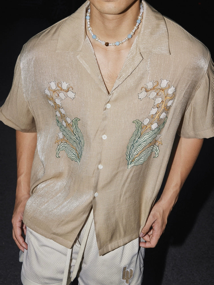 Camisa Casual de Manga Curta Retro Bordada com Floral 
