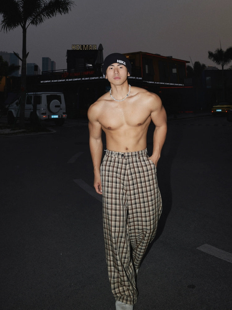 Karierte elastische Taillenweite lässige Hose mit weitem Bein 