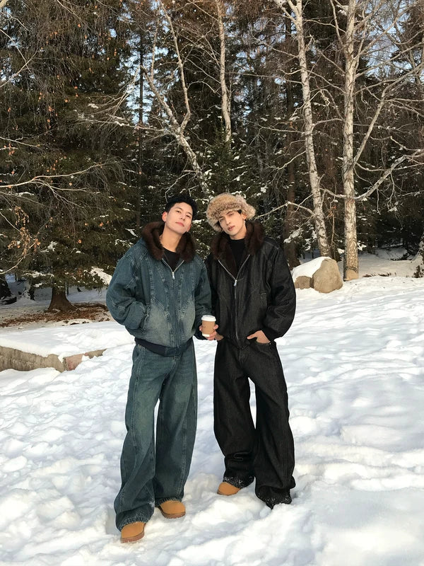 Veste en denim à capuche rétro doublée en sherpa 